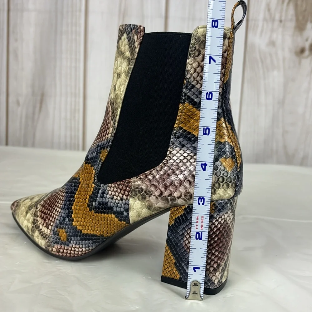 Snakeskin Colorful Pointed Toe Slip-On Sculptured Chunky Heel Ankle Booties - Picture 10 of 10